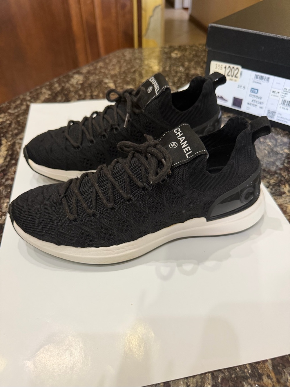 CHANEL Black Knit Women’s Slip-On Sneakers with White Sole 37.5